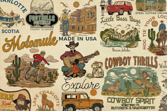 create vintage retro western style illustration and design for you