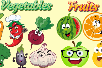 draw a cute cartoon of food, drink, fruit and vegetables