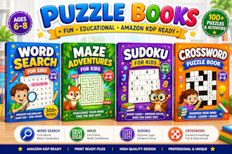 create puzzle books, word search, maze, or sudoku,  crossword book cover for KDP
