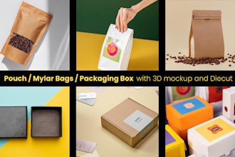 design mylar bags, pouch label design and box packaging