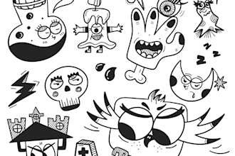 create black and white hand drawn creative line art, doodles, graphics