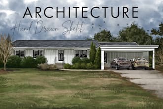 draw architectural sketch, exterior hand rendering, facade illustration