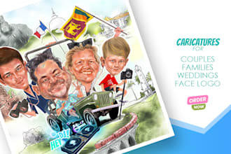 draw funny caricatures for your family, couple, portraits, unique logo