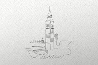 draw minimalist one line art illustration any house or building, landscape