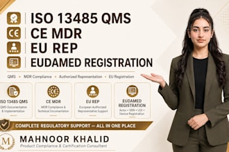 provide iso 13485 qms, ce mdr, eu rep, and eudamed services