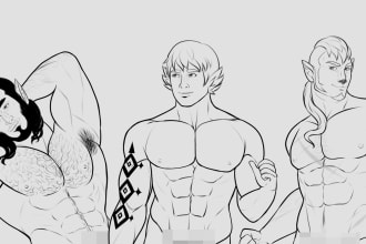 draw muscled gay bara sketch, lineart and flat nsfw sfw