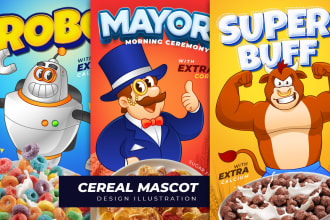 create custom cartoon mascot for cereal box, food packaging, and branding
