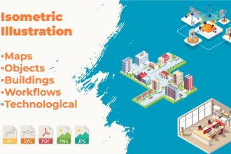 create flat or 3d vector isometric design, illustration, map, or infographic