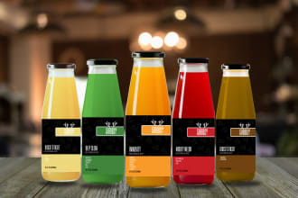 design juice, can, water bottle and product labels with logo