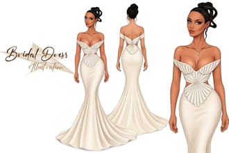 create bridal dress, wedding dress sketch, fashion illustration or sketch