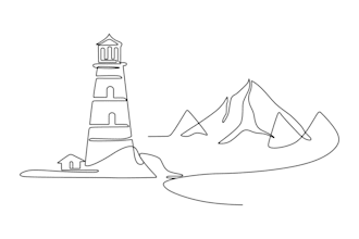 draw one line art illustration building and landscape