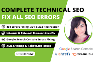 fix 404 errors, broken links, XML sitemap, and robots txt technical SEO issues