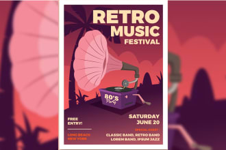 design retro music festivals, parties, or event posters or flyer