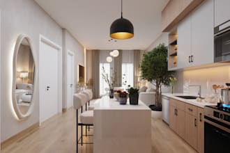 do realistic home kitchen interior design, livingroom design,3d render,2d plan