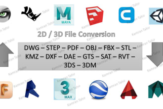 convert your 2d 3d file format into stl, obj, fbx, step, iges, dae and more