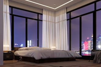 create 3d interior design for living room, bedroom, kitchen