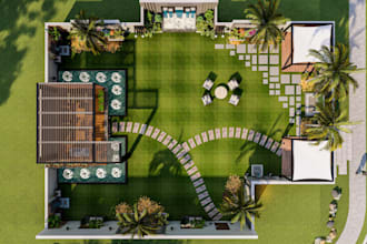 backyard landscape, patio, pool, outdoor kitchen and 3d render