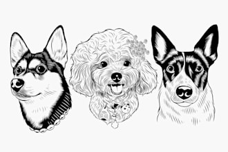 draw cat dog pet portrait in line art for napkins tshirt gift