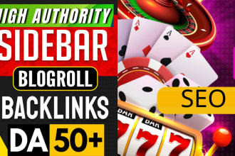 do high quality da dr 50 plus seo dofollow homepage sidebar blogroll backlinks