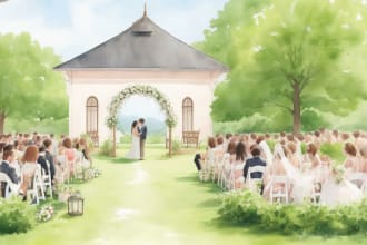 draw watercolor wedding venue, and invitation, save the date