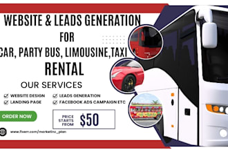 design car rental website, party bus rental leads, limousine, taxi cab website