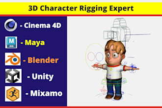 do 3d character rigging in maya, cinema 4d, blender,  wonder dynamics