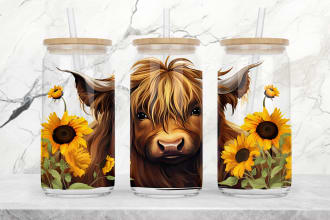 make unique 2d, 3d designs for 16oz libbey  can glass, png files for sublimation