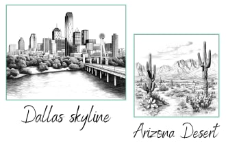 create line art illustrations with florals and landscape