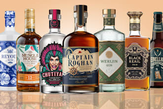 make product label for gin, wine, beer, rum, whiskey, vodka, tequila, champagne