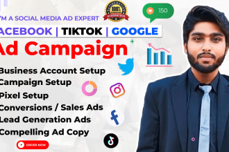 setup , manage facebook ads, tiktok ads, and google ads campaign for bussiness