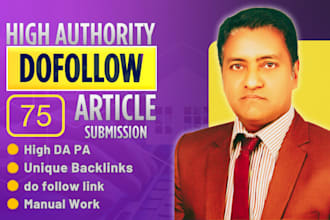 provide 75 unique high quality article submission SEO backlinks
