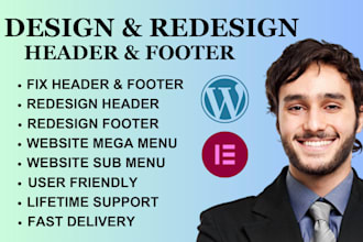 design, fix header, footer and mega menu for wordpress site in 12 hour