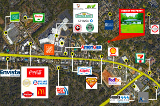 design retail trade aerial map with site arrow, logo labels