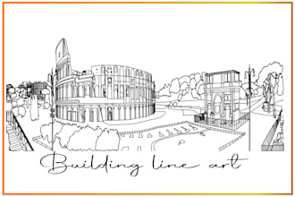 draw a detailed building line art, ancient, architecture etc