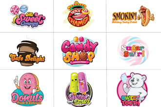 design candy shop, sweets, mascot, food and restaurant logo