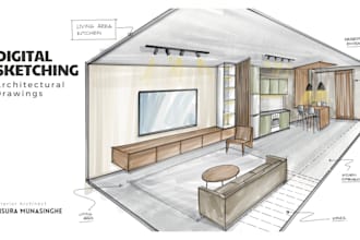 create detailed hand drawn interior and architectural sketches