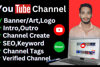 create, setup youtube channel with SEO ,logo, art, intro and outer
