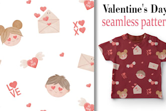 valentine day kids pattern in watercolor style for fabric, textile, stationery
