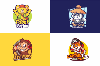 design cute animal cartoon mascot logo for kids, pets, shop, brand and business