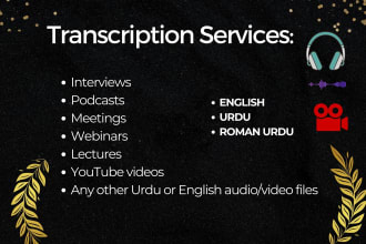 do urdu, roman urdu, english audio and video transcription