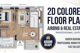 create 2d colored floor plans, furniture layout for airbnb or real estate