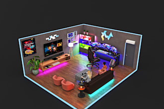design and 3d render for your isometric gaming, streaming , music studio room