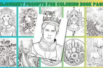 provide midjourney prompts for coloring book pages