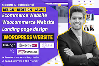 design ecommerce woocommerce wordpress website, elementor pro,divi, landing page