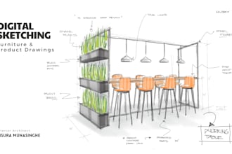 create hand drawn furniture designs, layouts, and product concept sketches