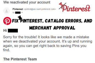 fix pinterest catalog issues, merchant approval, fix tag issues, and catalog