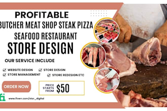 design butcher meat shop steak pizza seafood restaurant shopify store website