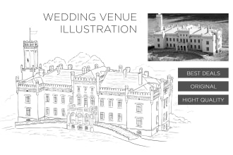draw custom wedding venue illustration in pen ink style