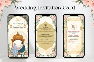 design an indian wedding card invitation and caricatures