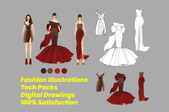 draw stunning fashion illustration , tech packs, technical